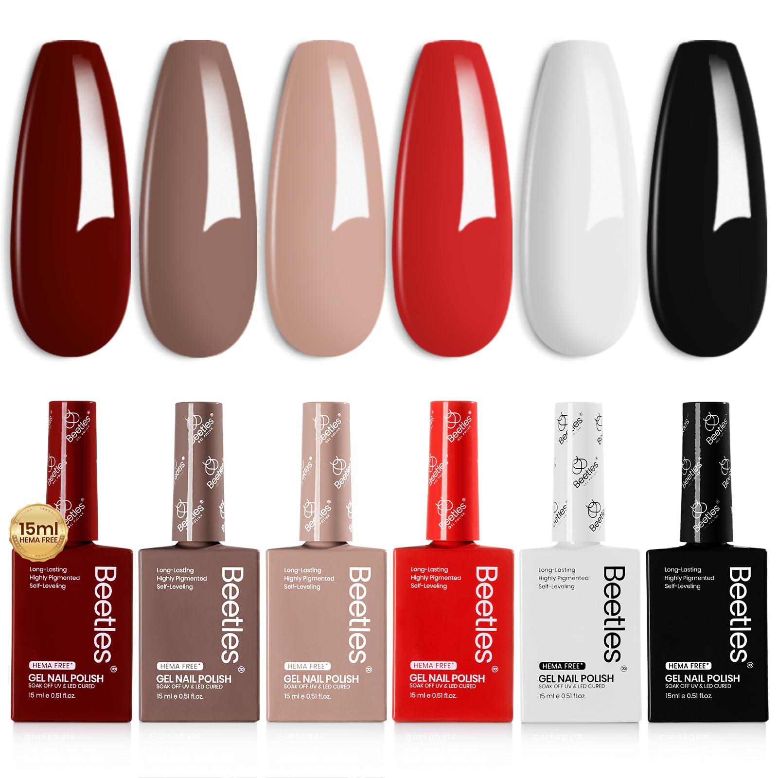 Beetles HEMA-Free Gel Nail Polish Set – 6 Colors (15ml) | Safe, Low Odor