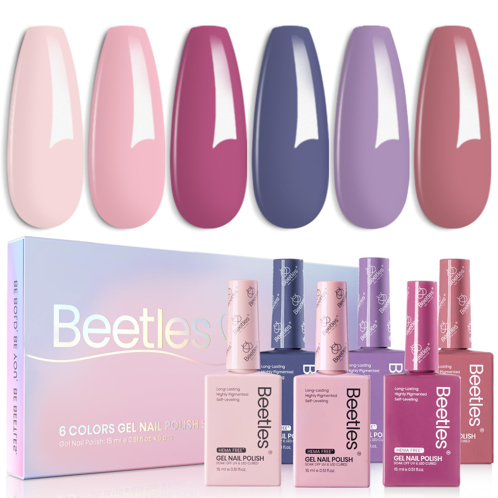 Beetles Hema-Free Gel Polish Set – 6 Pastel Colors, 15ml Each | Soak-Off UV/LED Nail Kit