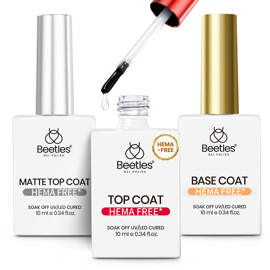 Beetles Hema Free Gel Top & Base Coat with Matte Top Coat Set – 3-Piece Gel Nail Kit for Soak-Off UV/LED