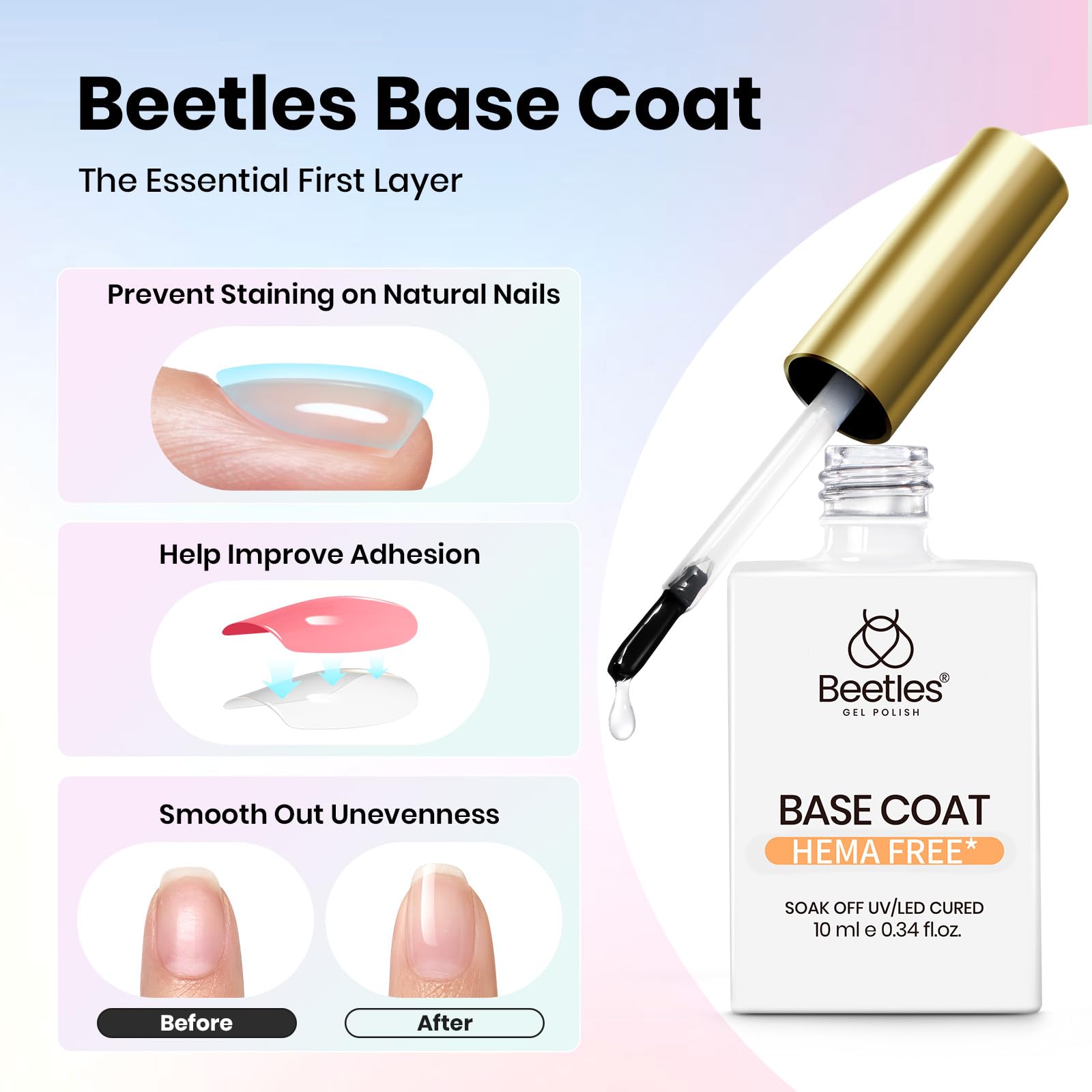 Beetles Hema Free Gel Top & Base Coat with Matte Top Coat Set – 3-Piece Gel Nail Kit for Soak-Off UV/LED