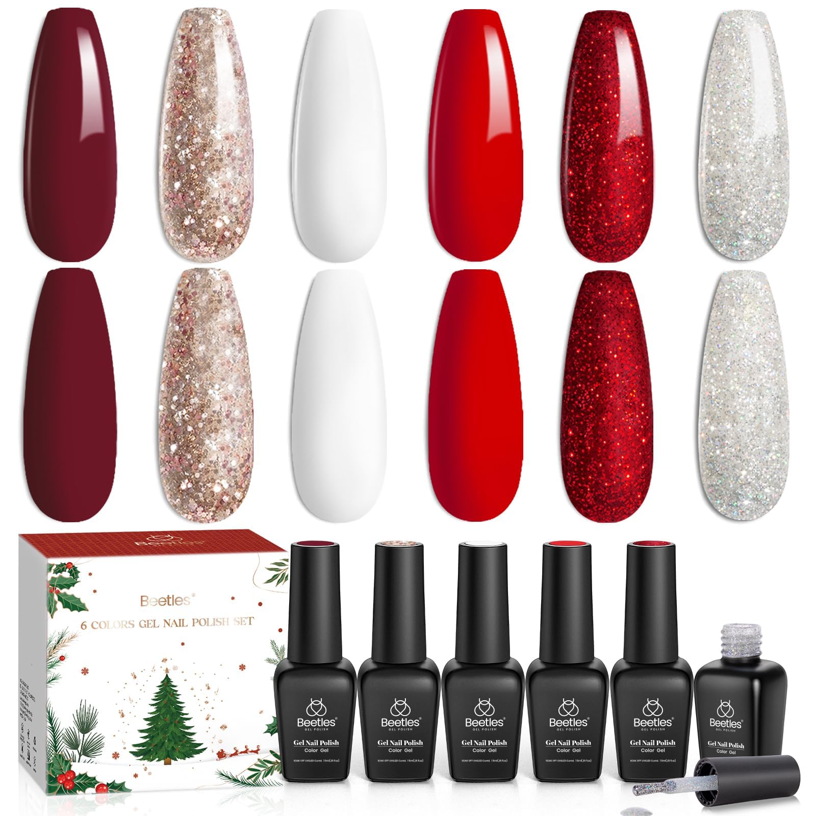 Beetles Gel Polish Set – Snowlit Scarlet New Year 6-Color Holiday Kit (Soak-Off UV)