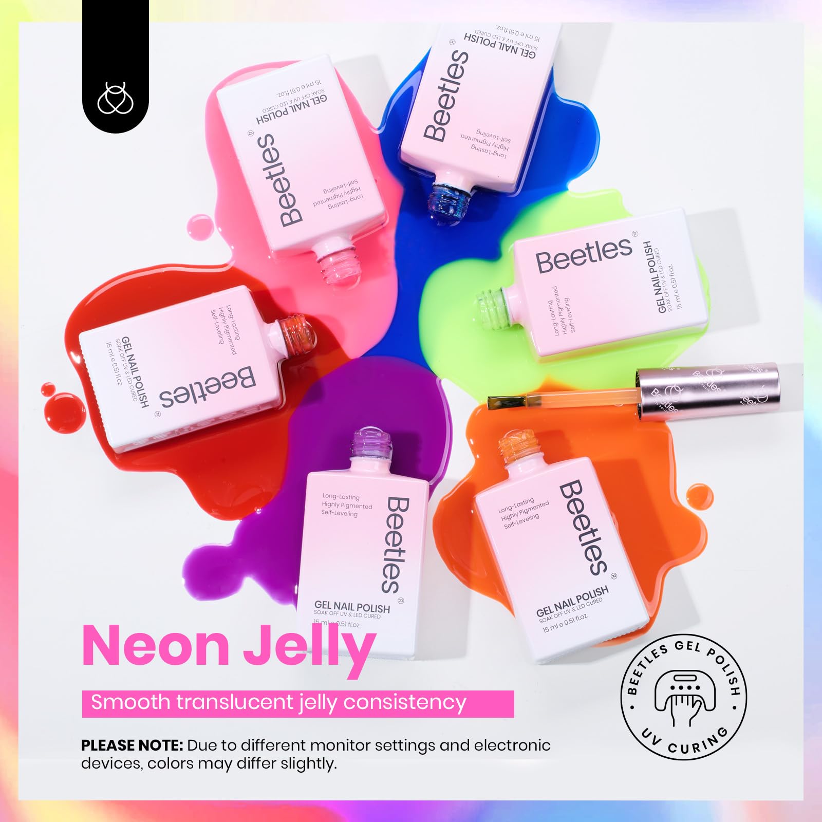 Beetles Jelly Gel Nail Polish Set – 6 Neon Colors, HEMA Free, 15ML