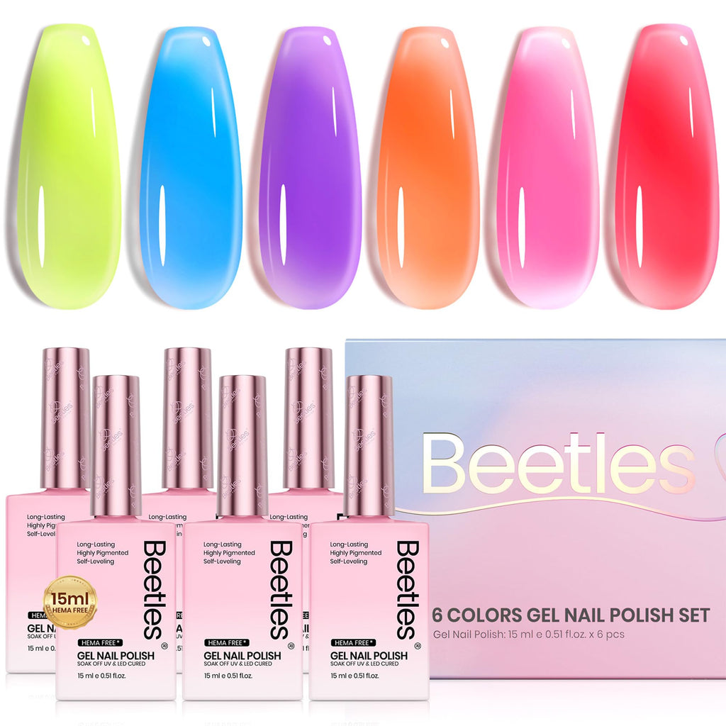 Beetles Jelly Gel Nail Polish Set – 6 Neon Colors, HEMA Free, 15ML