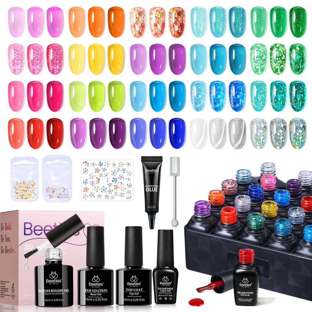 Beetles Jelly Gel Nail Polish Set – 20 Neon Cat Eye Glitter Gels + Builder Gel, Rhinestone Glue & Nail Art Kit
