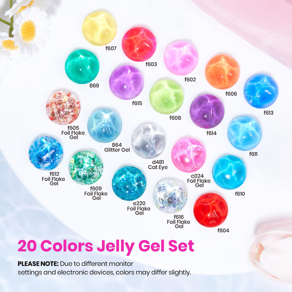 Beetles Jelly Gel Nail Polish Set – 20 Neon Cat Eye Glitter Gels + Builder Gel, Rhinestone Glue & Nail Art Kit