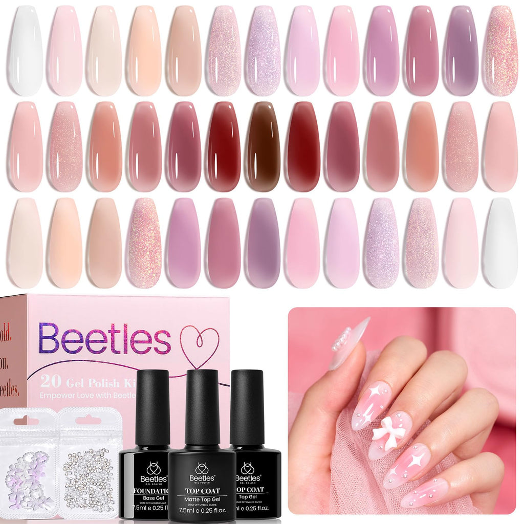 Beetles Jelly Gel Nail Polish Set – 25Pcs, 20 Colors, Soak-Off UV Gel Kit + Base Coat, Top Coats, Pearls