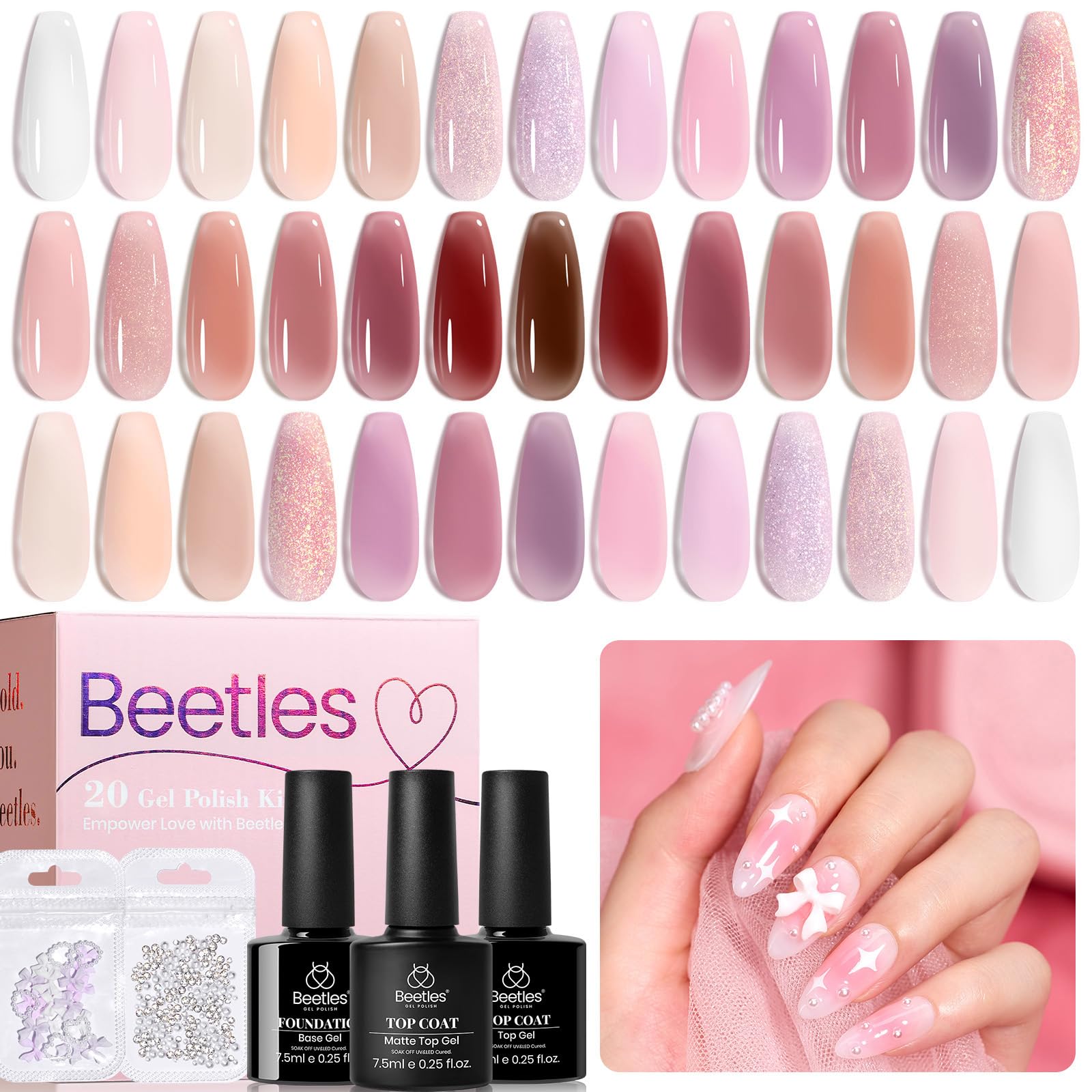 Beetles Jelly Gel Nail Polish Set – 25Pcs, 20 Colors, Soak-Off UV Gel Kit + Base Coat, Top Coats, Pearls
