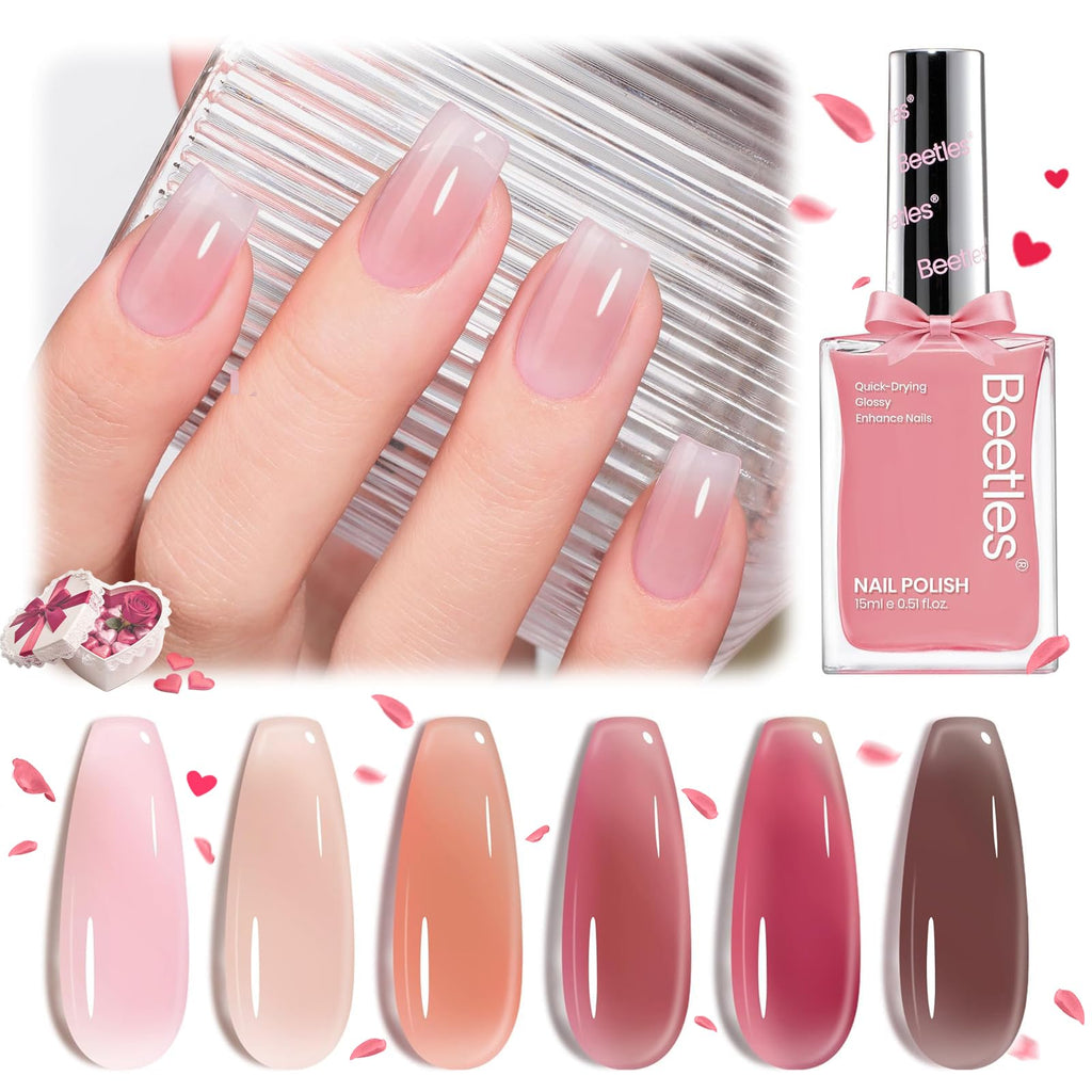 Beetles Jelly Nail Polish Set — 6 Sheer Pink Colors, Quick-Dry & Nail Care