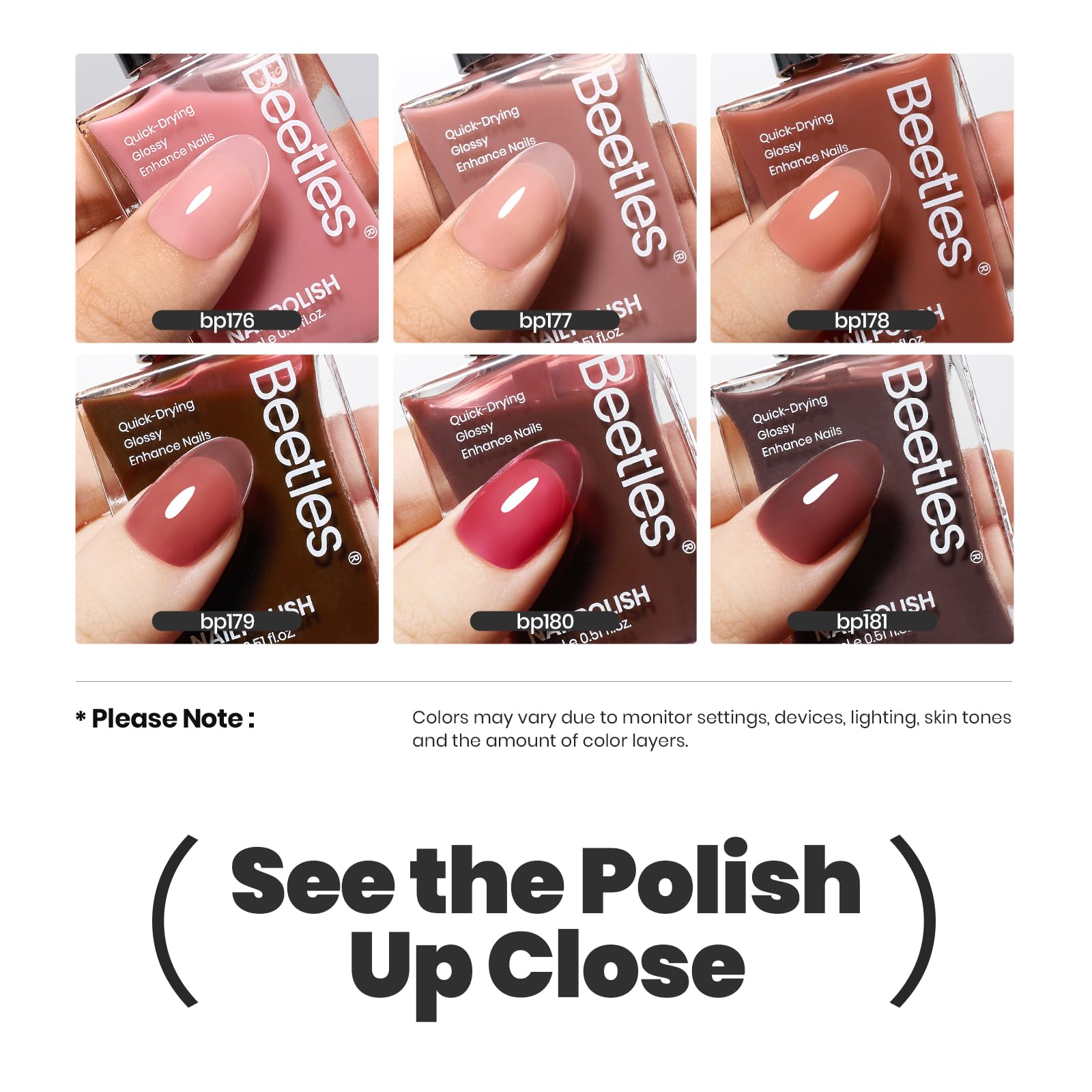 Beetles Jelly Nail Polish Set — 6 Sheer Pink Colors, Quick-Dry & Nail Care