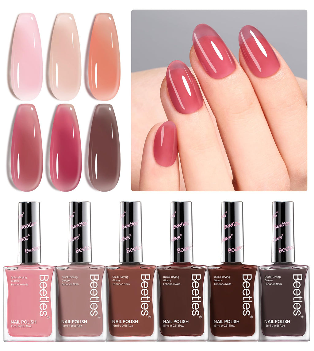 Beetles Jelly Nail Polish Set — 6 Sheer Pink Colors, Quick-Dry & Nail Care