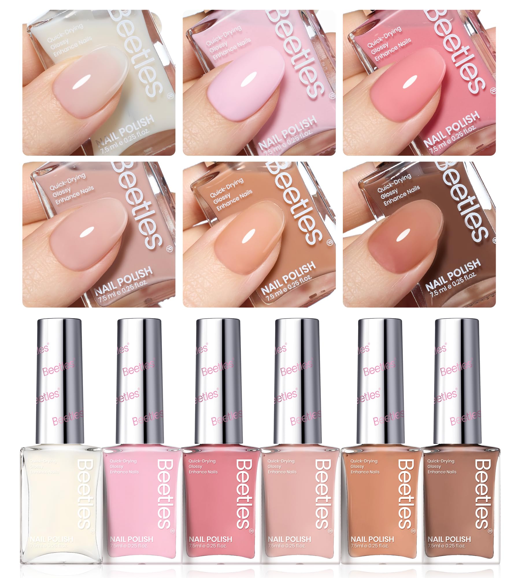 Beetles Jelly Nail Polish Set – 6 Quick-Dry Pink Nude Colors