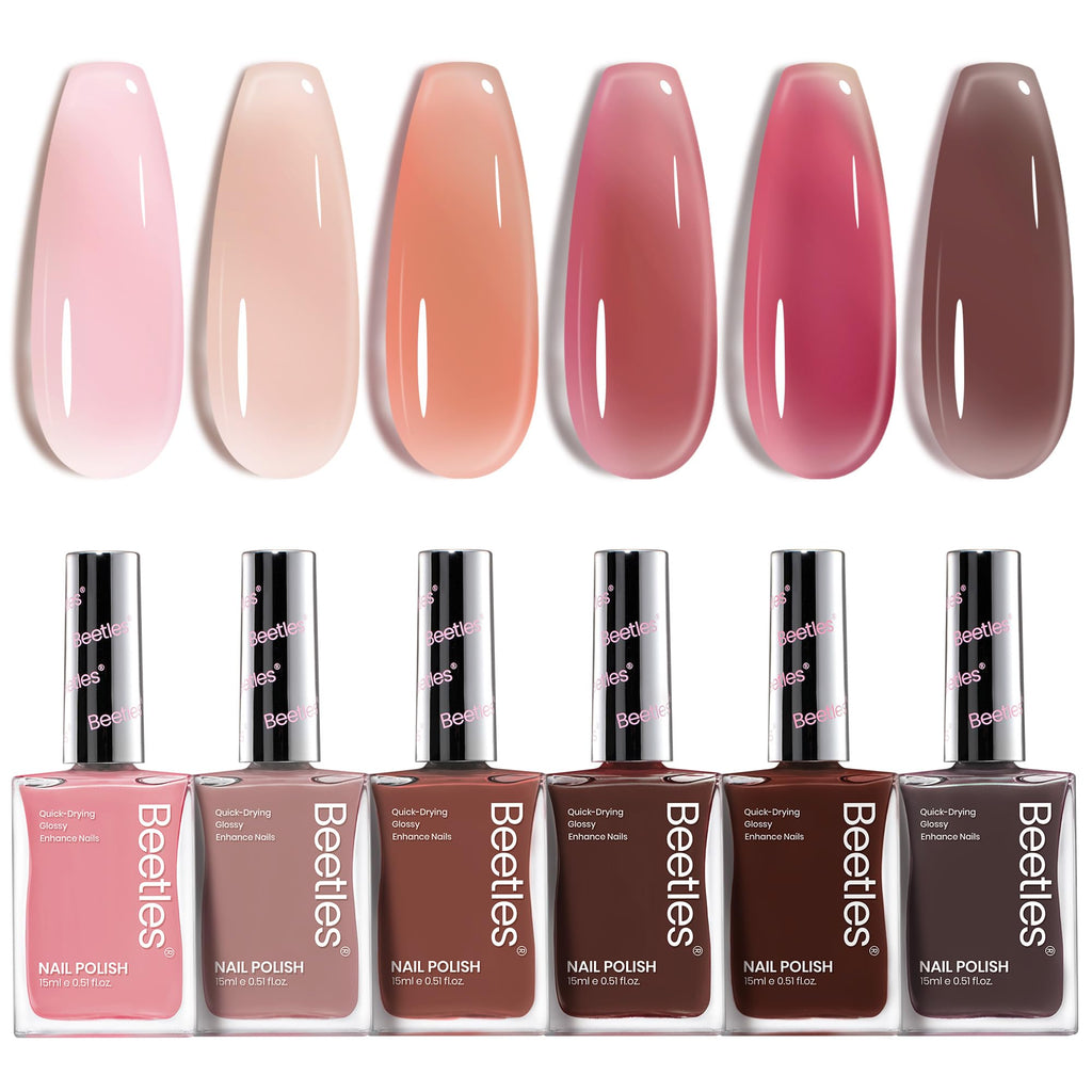 Beetles Jelly Nail Polish Set — 6 Sheer Pink Colors, Quick-Dry & Nail Care
