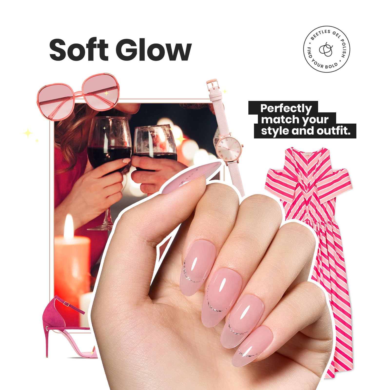 Beetles Jelly Nail Polish Set — 6 Sheer Pink Colors, Quick-Dry & Nail Care