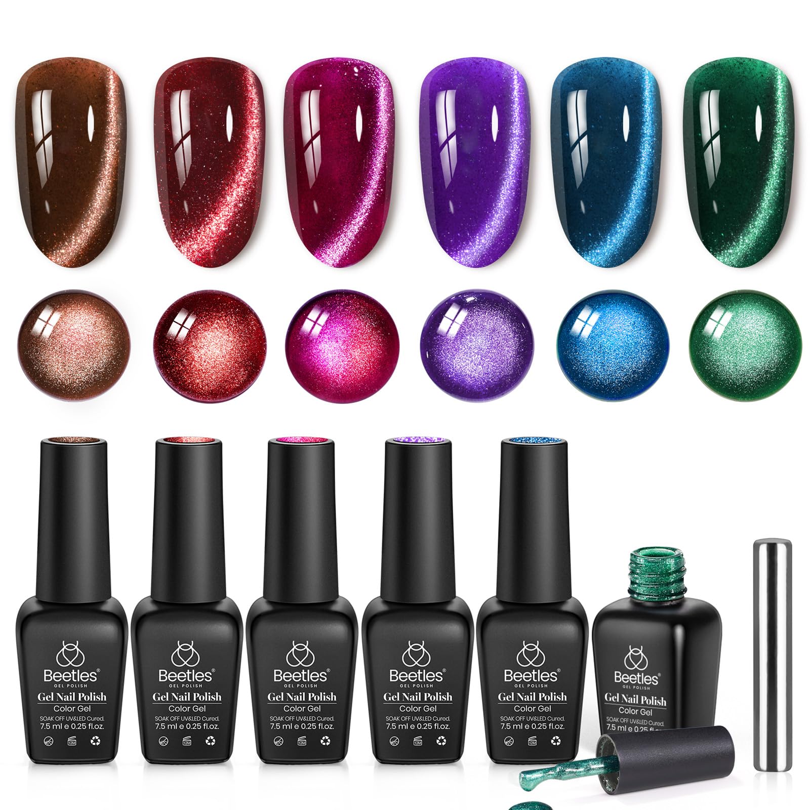 Beetles Jewel Parade Cat Eye Gel Nail Polish Set – 6 Color Magnetic Glitter Kit for UV/LED