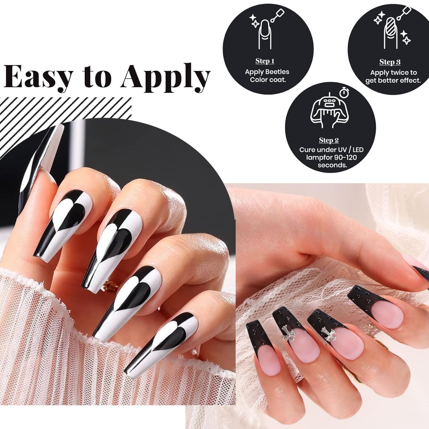 Beetles Gel Polish 3-Piece Set: No-Wipe Top Coat, Base Coat & Audrey Black – 28+ Day Shine
