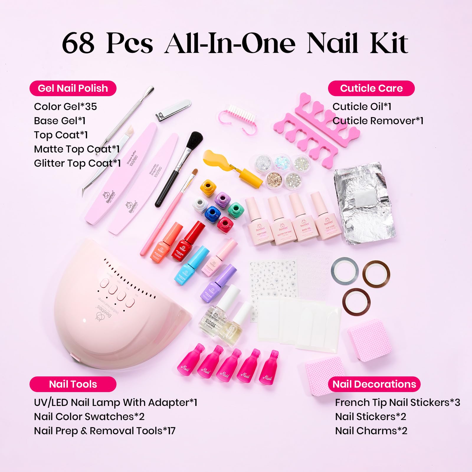 Beetles Gel Nail Polish Kit with UV Light – 68-Piece Mood Mosaic Set, 35 Colors, Base/Top/Matte/Glitter, LED Lamp & Tools
