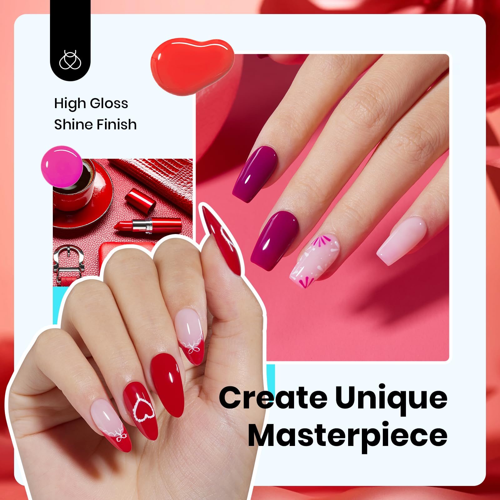 Beetles Red Pink Gel Polish Set - 6 HEMA-Free Colors, 15ml UV LED