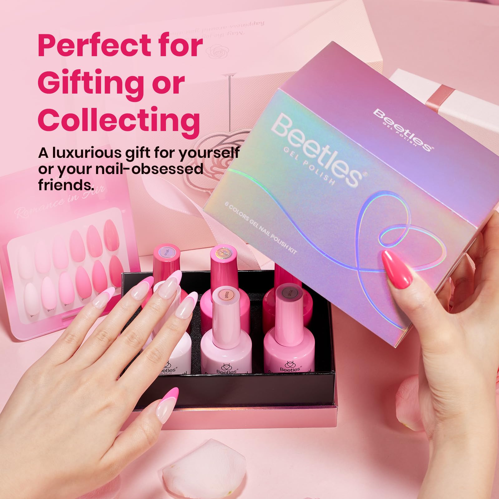 beetles Valentines Pink Gel Polish Set – Romance in Air Collection, 6-Color 15ml Soak-Off Kit