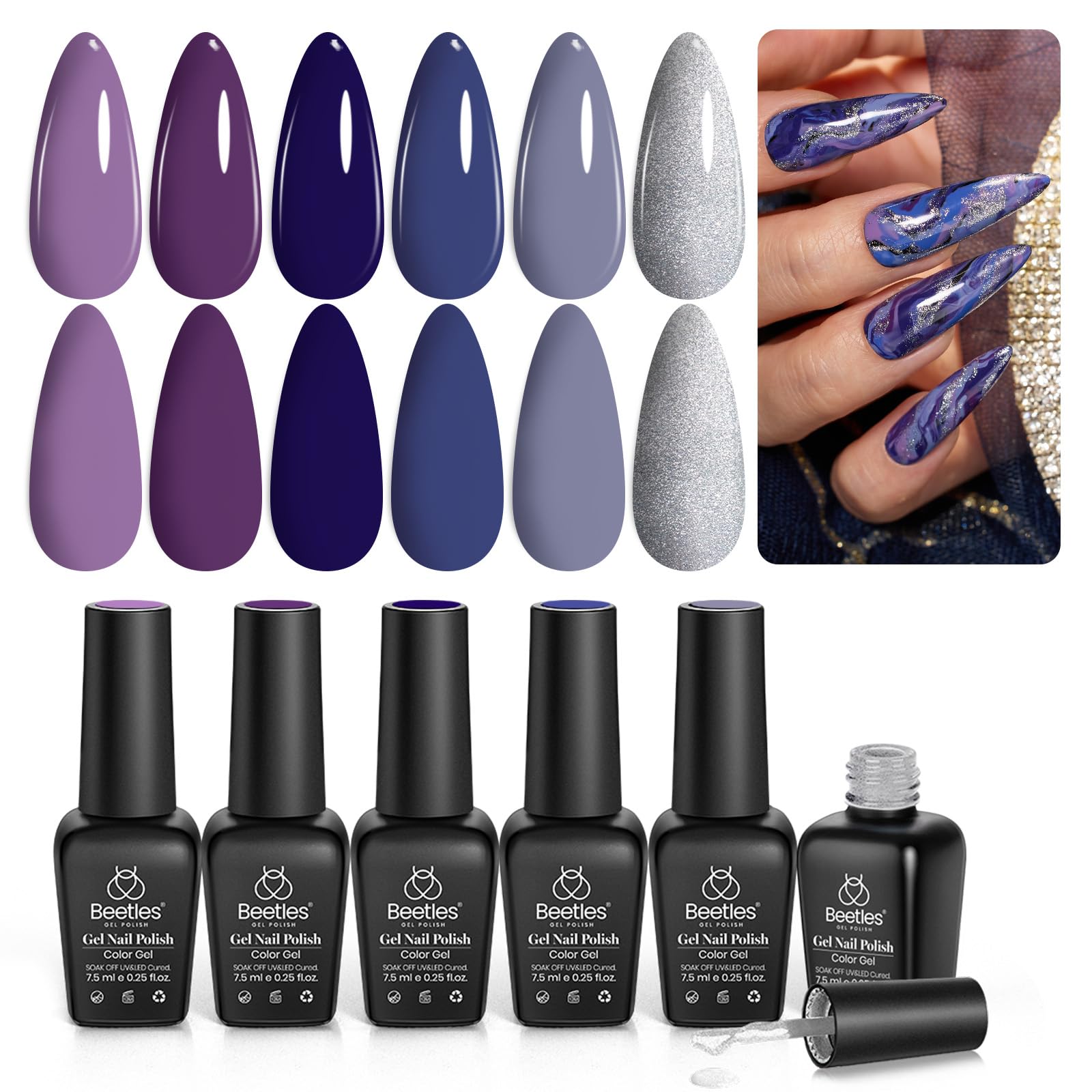 Beetles Lost Universe Gel Polish Set – 6 Colors in Purple, Blue & Silver Glitter | UV/LED Soak-Off