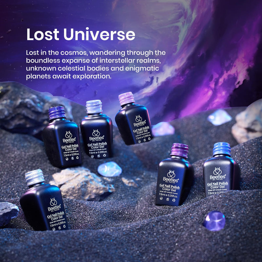 Beetles Lost Universe Gel Polish Set – 6 Colors in Purple, Blue & Silver Glitter | UV/LED Soak-Off