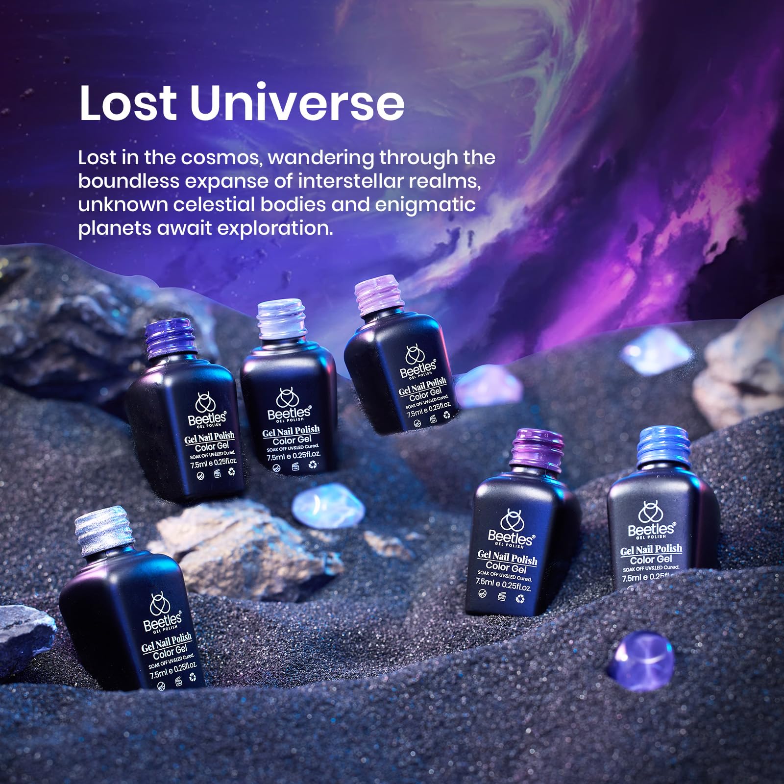 Beetles Lost Universe Gel Polish Set – 6 Colors in Purple, Blue & Silver Glitter | UV/LED Soak-Off