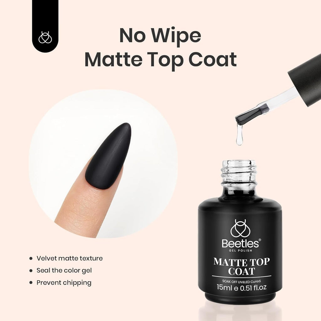 Beetles Matte Gel Top Coat No Wipe Set – 3x15ml Gel Nail Polish & Base Coat