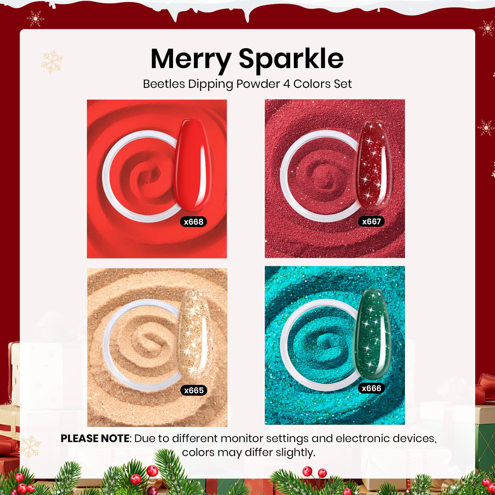 Beetles Christmas Dip Powder Nail Kit – 4 Winter Colors + Liquid Set & Tools for Easy DIY Manicure