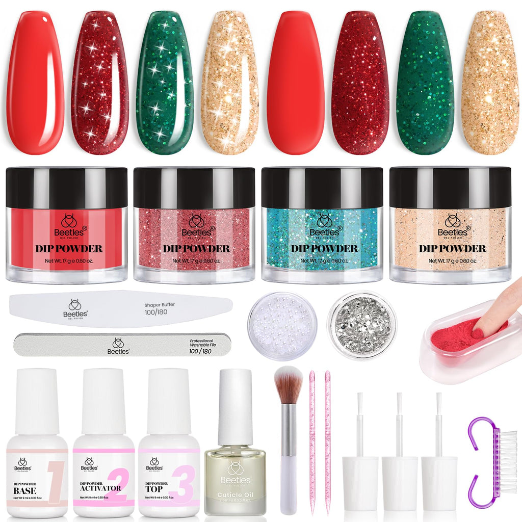Beetles Christmas Dip Powder Nail Kit – 4 Winter Colors + Liquid Set & Tools for Easy DIY Manicure