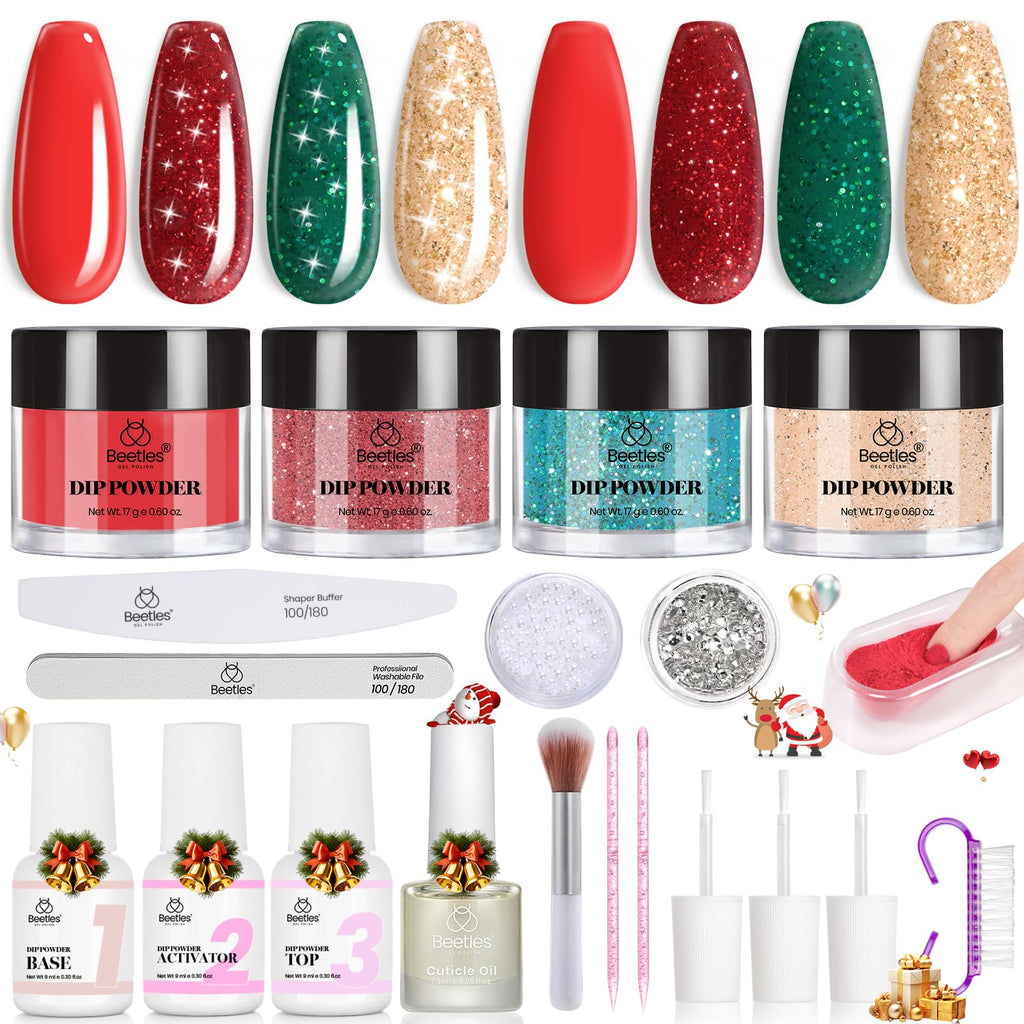 Beetles Christmas Dip Powder Nail Kit – 4 Winter Colors + Liquid Set & Tools for Easy DIY Manicure
