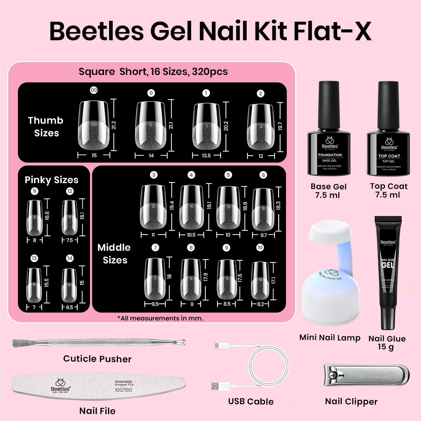 Beetles Gel Nail Kit Flat-X – 320 Short Square Tips, Glue Gel, Base & Top, Mini Lamp | DIY Home Manicure