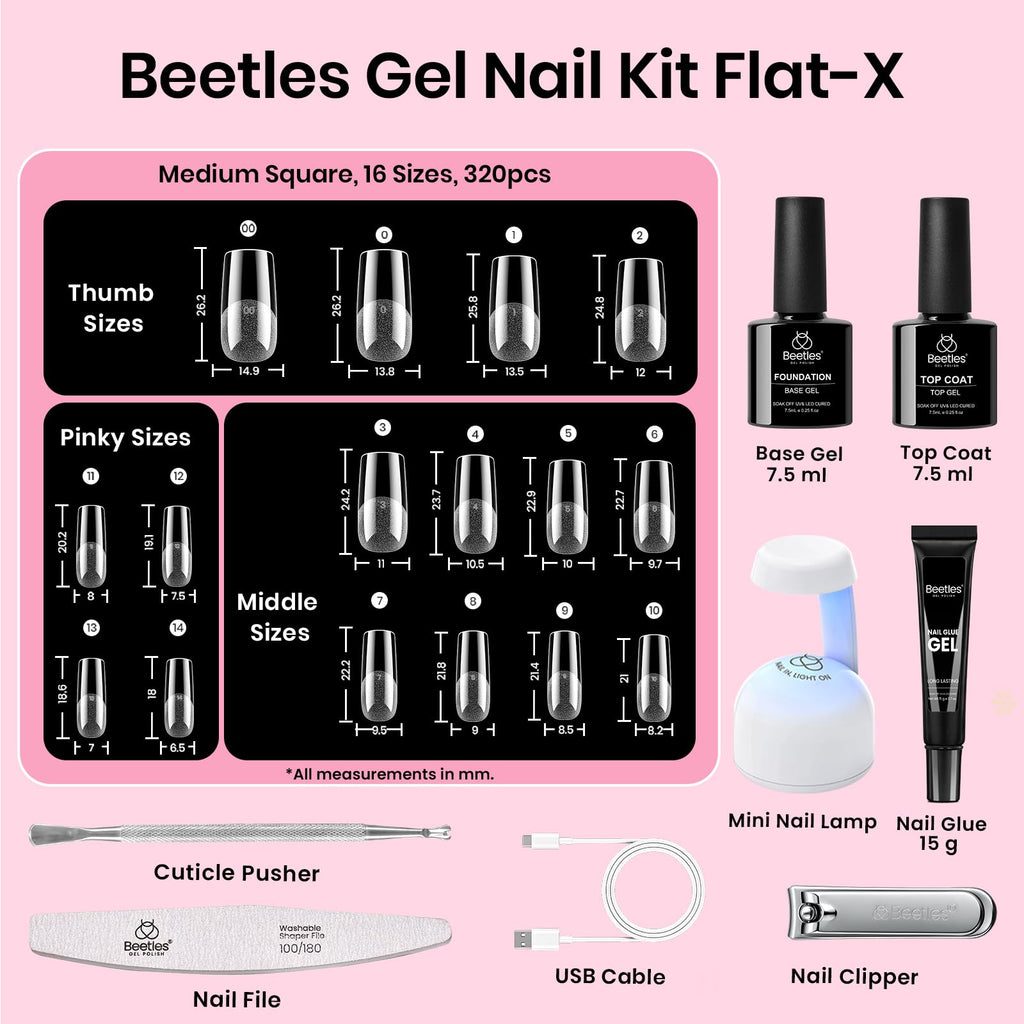 Beetles Gel Nail Kit Flat-X Square Medium – 320 Tips, Glue Gel, Base & Top Coats, Mini Lamp