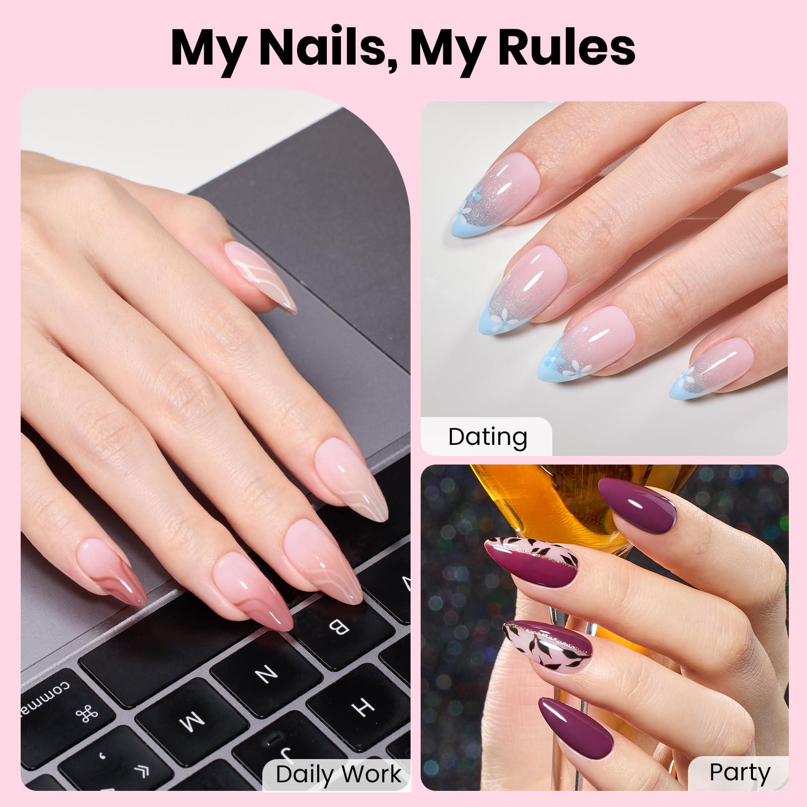 Beetles Gel Nail Kit Flat-X Almond Medium – 320 Tips, Glue Gel, Base & Top, Mini Lamp