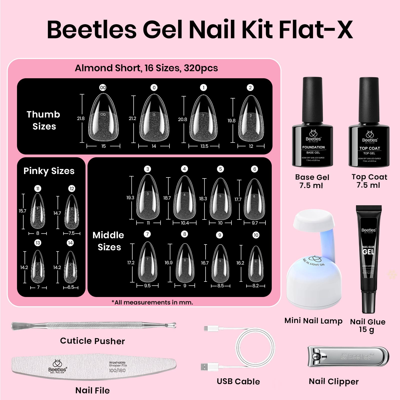 Beetles Gel Nail Kit Flat-X Almond Short – 320pc Tips, 15g Glue Gel, Base & Top Coat, Mini UV Lamp