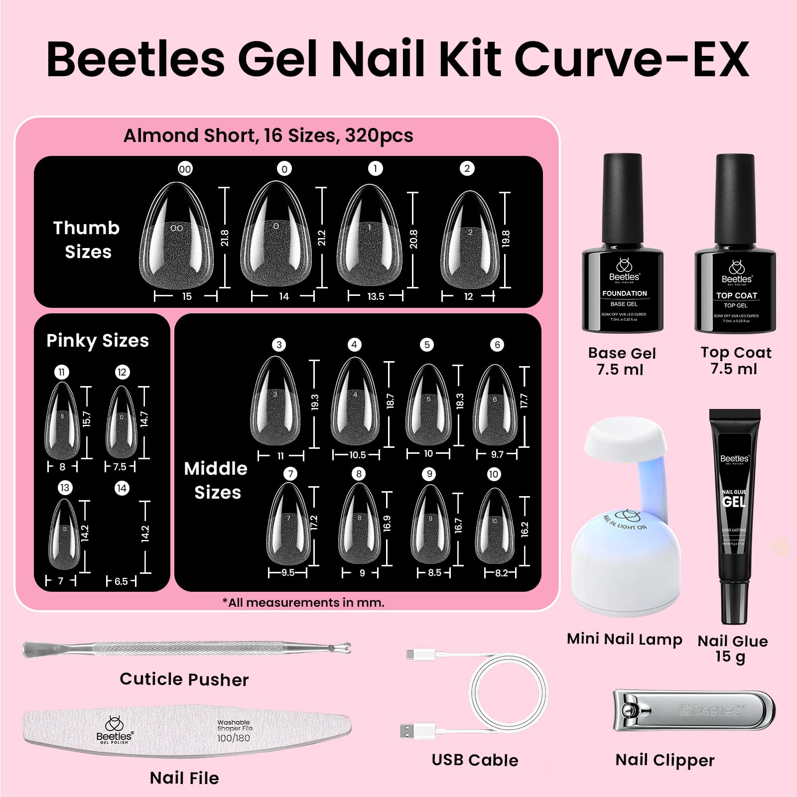 Beetles Curve-EX Almond Short Gel Nail Kit – 320 Tips, Glue Gel, Mini Lamp