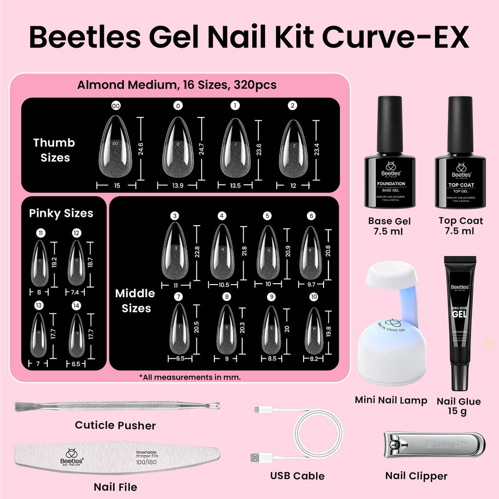 Beetles Gel Nail Kit Curve-EX Almond Tips — 320pcs, 16 Sizes, Glue Gel, Base & Top Coat, Mini Lamp