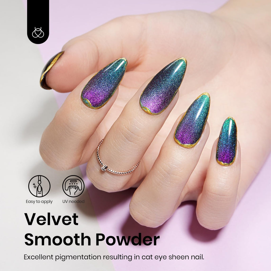 Beetles Cat Eye Chrome Nail Powder Set – 2-in-1 Holographic Metallic Nail Art Kit