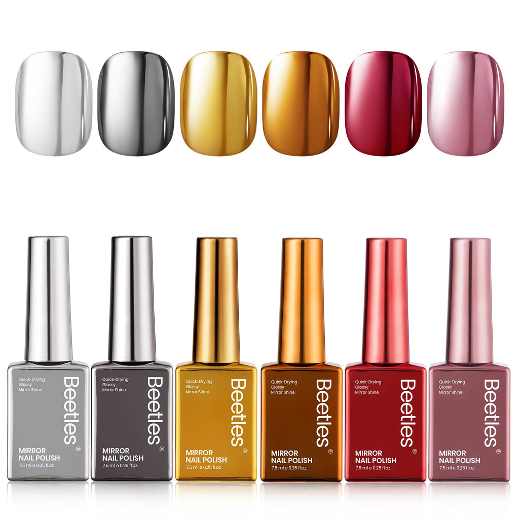 Beetles Mirror Nail Polish Set – Metallic Muse: 6 Colors, High-Gloss Chrome, Quick-Dry