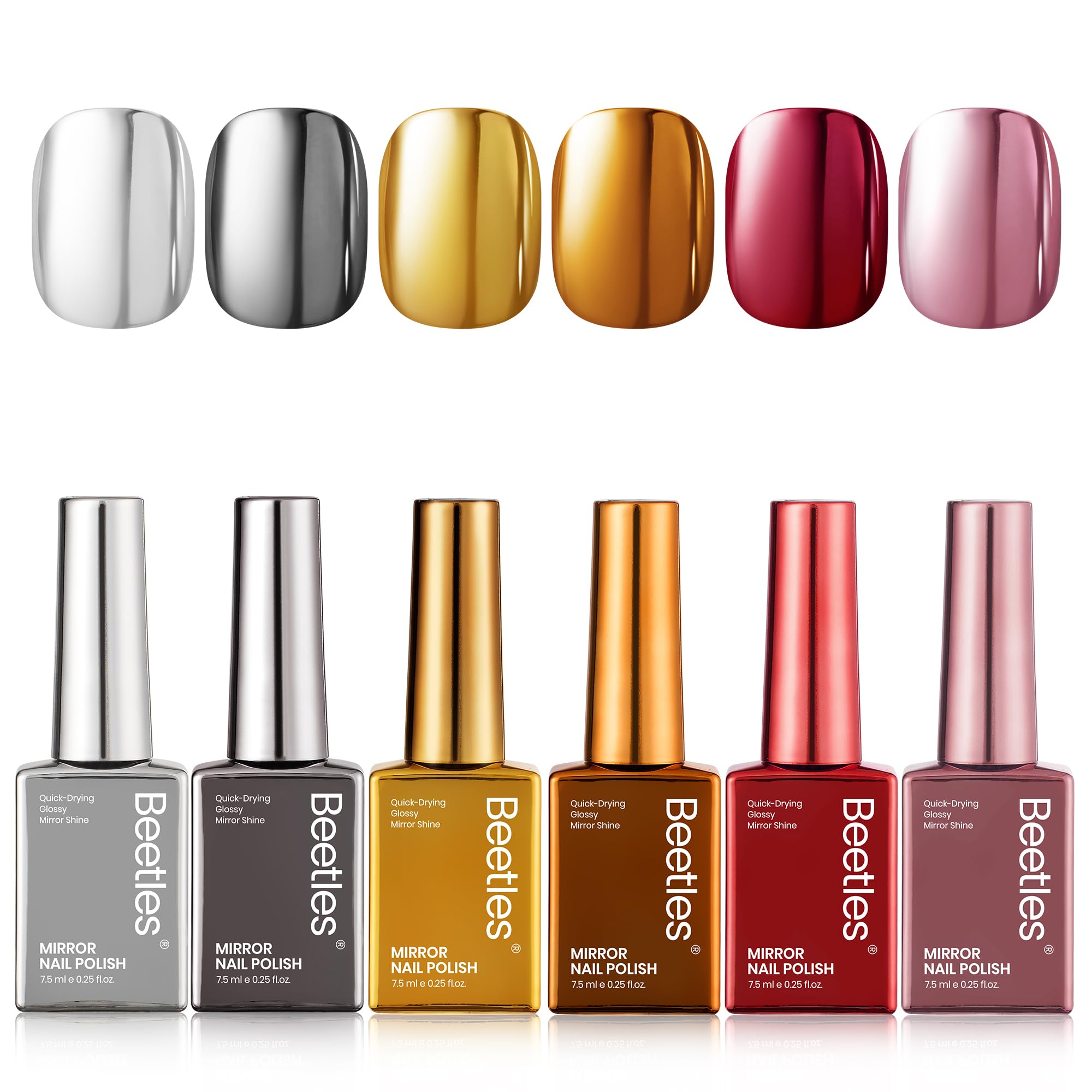 Beetles Mirror Nail Polish Set – Metallic Muse: 6 Colors, High-Gloss Chrome, Quick-Dry