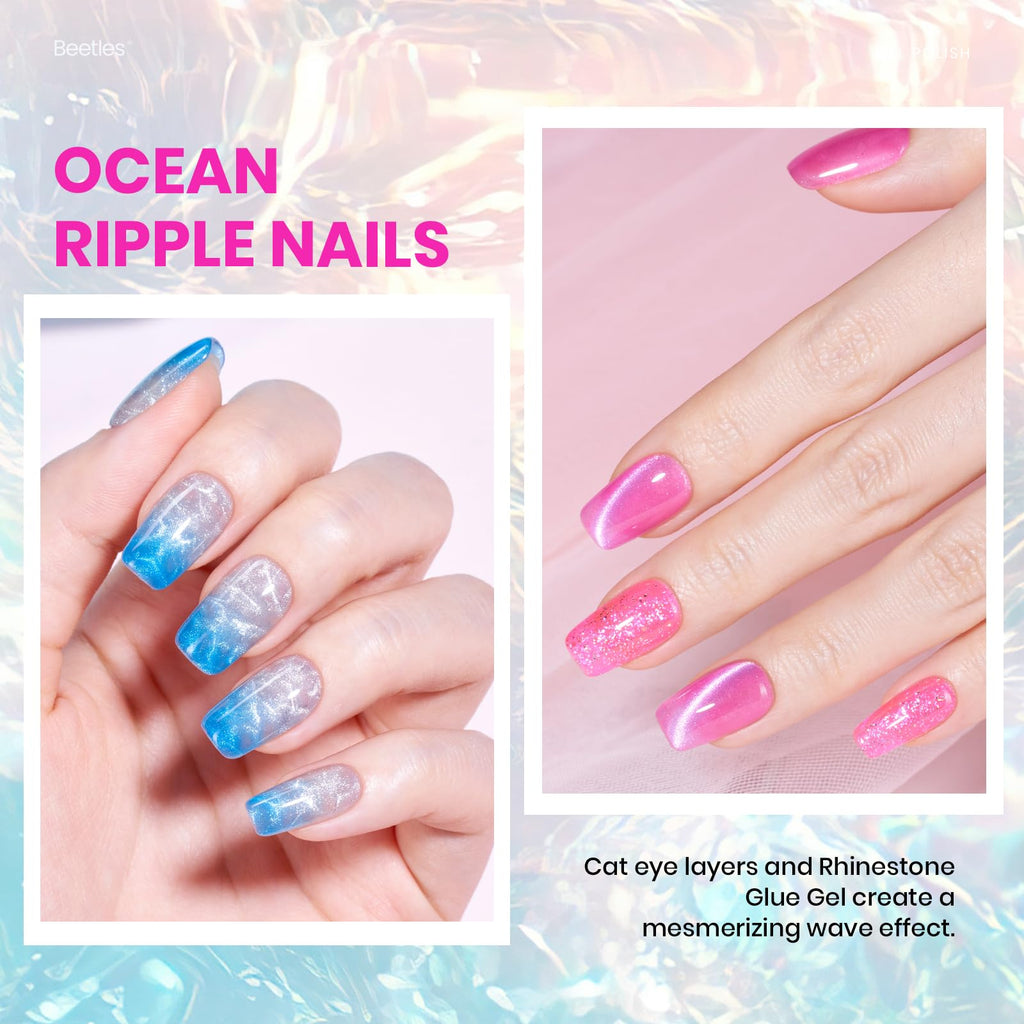 Beetles Jelly Gel Nail Polish Set – 20 Neon Cat Eye Glitter Gels + Builder Gel, Rhinestone Glue & Nail Art Kit