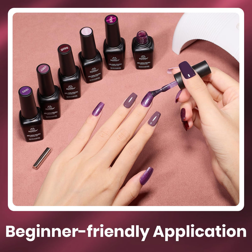 Beetles Purple Gel Nail Polish Set – 6 Colors (Muse of Midnight) | Cat Eye Glitter, UV/LED, Soak Off