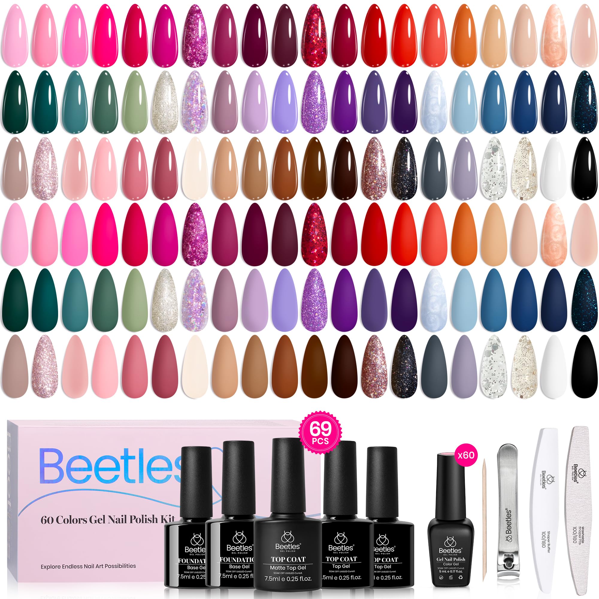 Beetles Gel Nail Polish Set – Transcendent Allure: 60 Colors + Base & Top Coats
