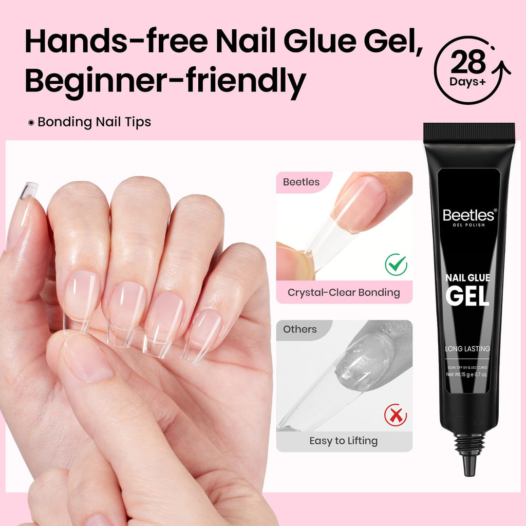 Beetles Gel Nail Kit Flat-X Coffin Short 320pcs | DIY Nail Extensions with Glue Gel, Base & Top Coat, Mini Lamp