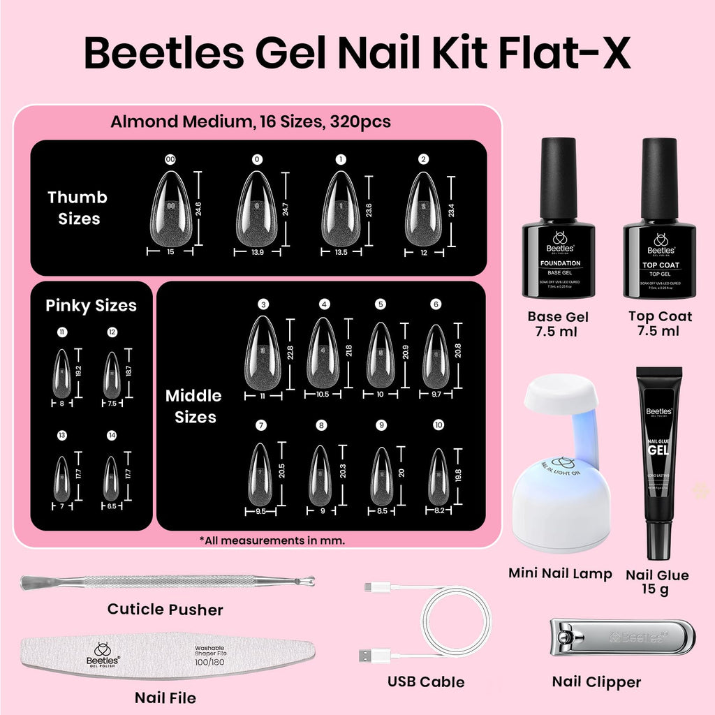 Beetles Gel Nail Kit Flat-X Almond Medium – 320 Tips, Glue Gel, Base & Top, Mini Lamp