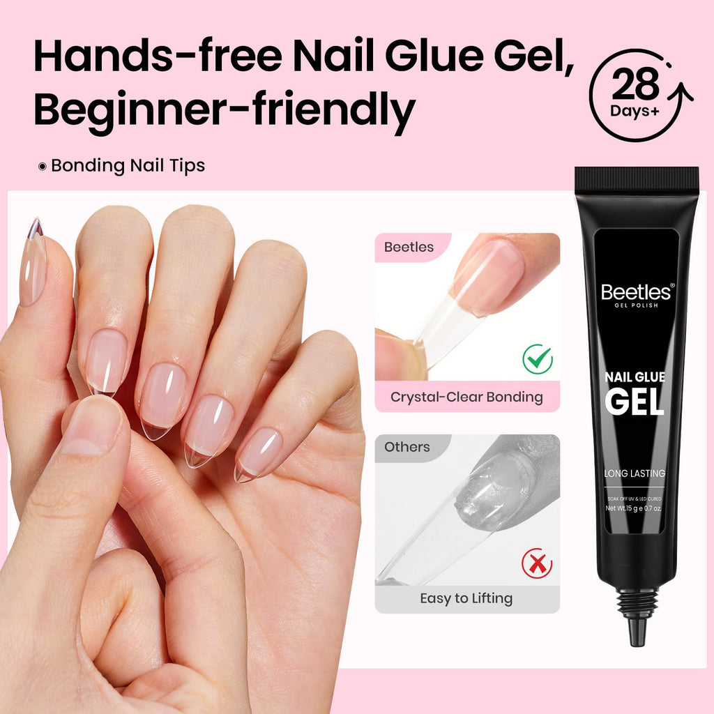 Beetles Gel Nail Kit Flat-X Almond Short – 320pc Tips, 15g Glue Gel, Base & Top Coat, Mini UV Lamp