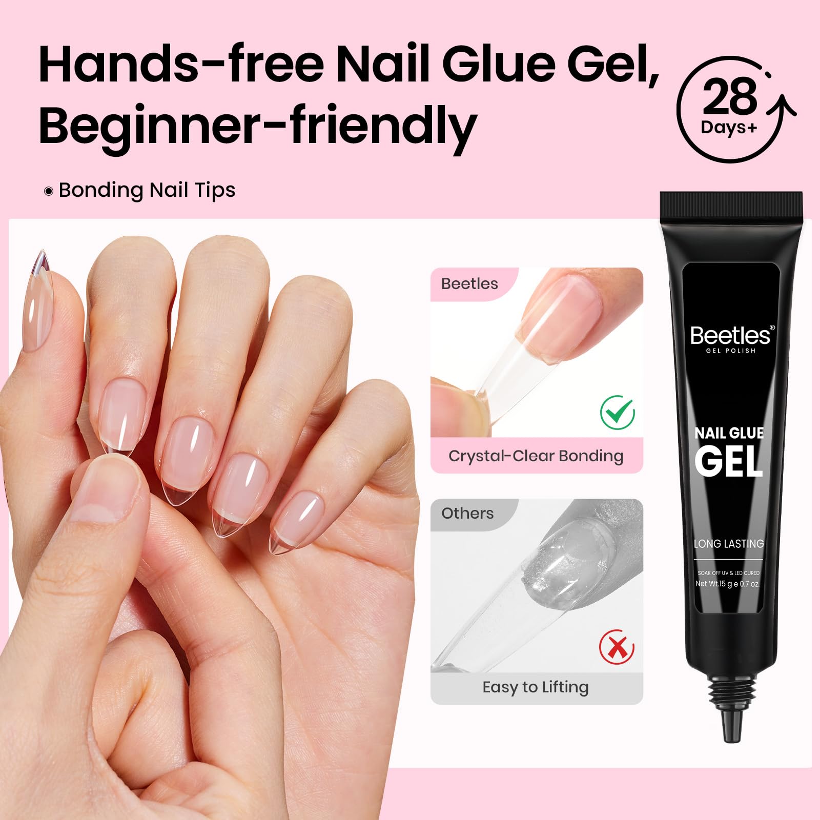 Beetles Gel Nail Kit Flat-X Almond Short – 320pc Tips, 15g Glue Gel, Base & Top Coat, Mini UV Lamp
