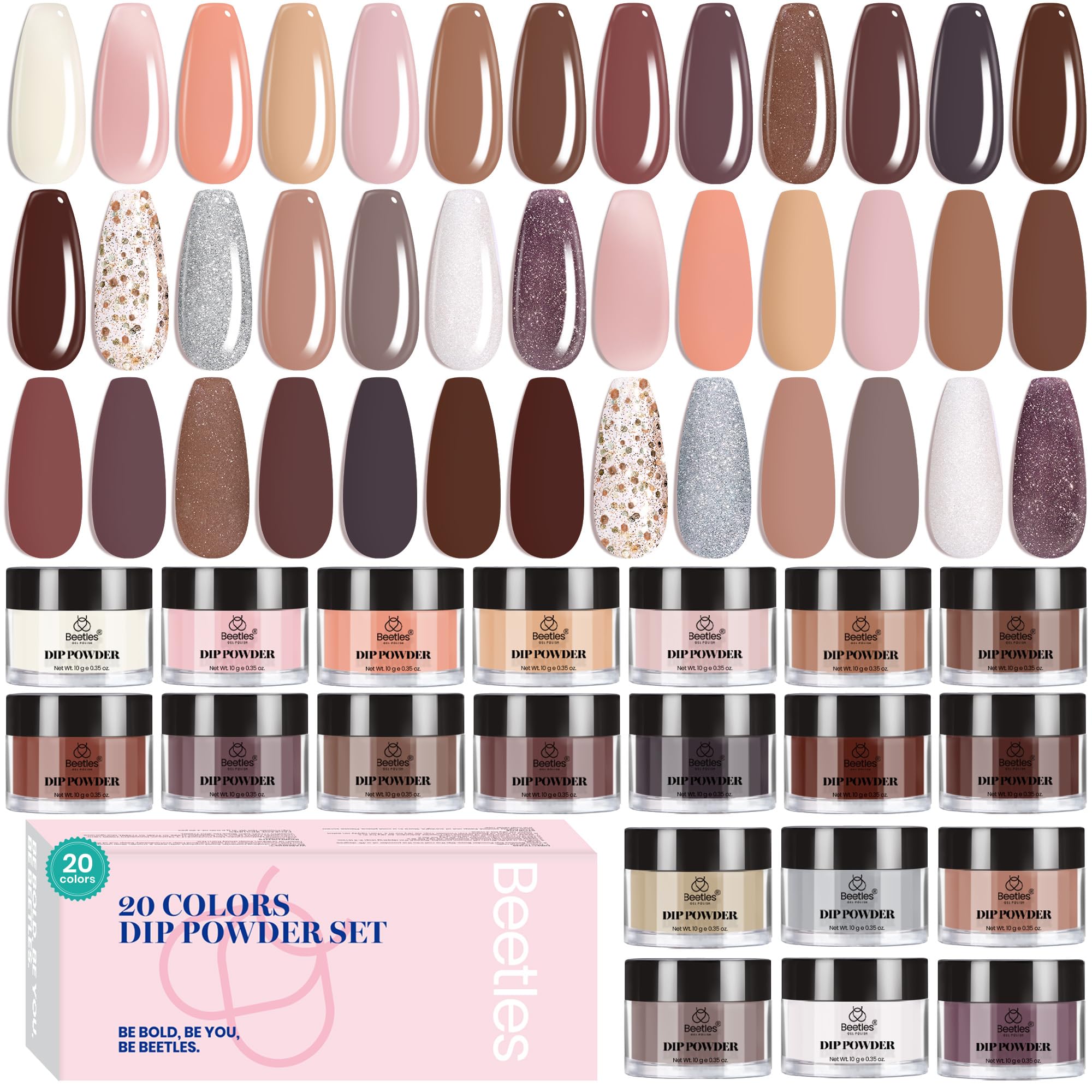 Beetles Nail Dip Powder Kit – 20 Colors Nude & Glitter | Quick-Dry Dip Set