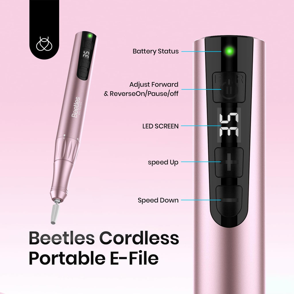 Beetles Cordless Electric Nail Drill – 20 Adjustable Speeds, Rose Gold, Long Battery Life, 5-Head E-File Kit for Home or Salon