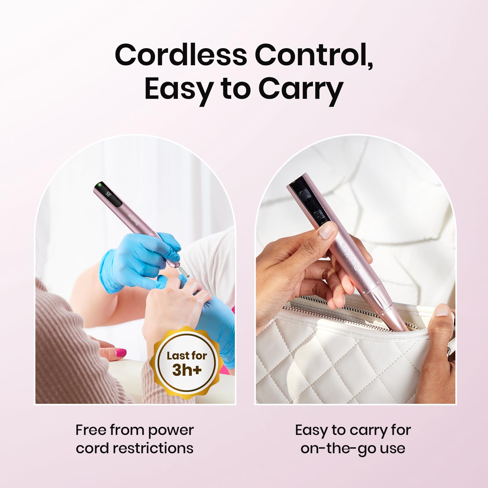Beetles Cordless Electric Nail Drill – 20 Adjustable Speeds, Rose Gold, Long Battery Life, 5-Head E-File Kit for Home or Salon