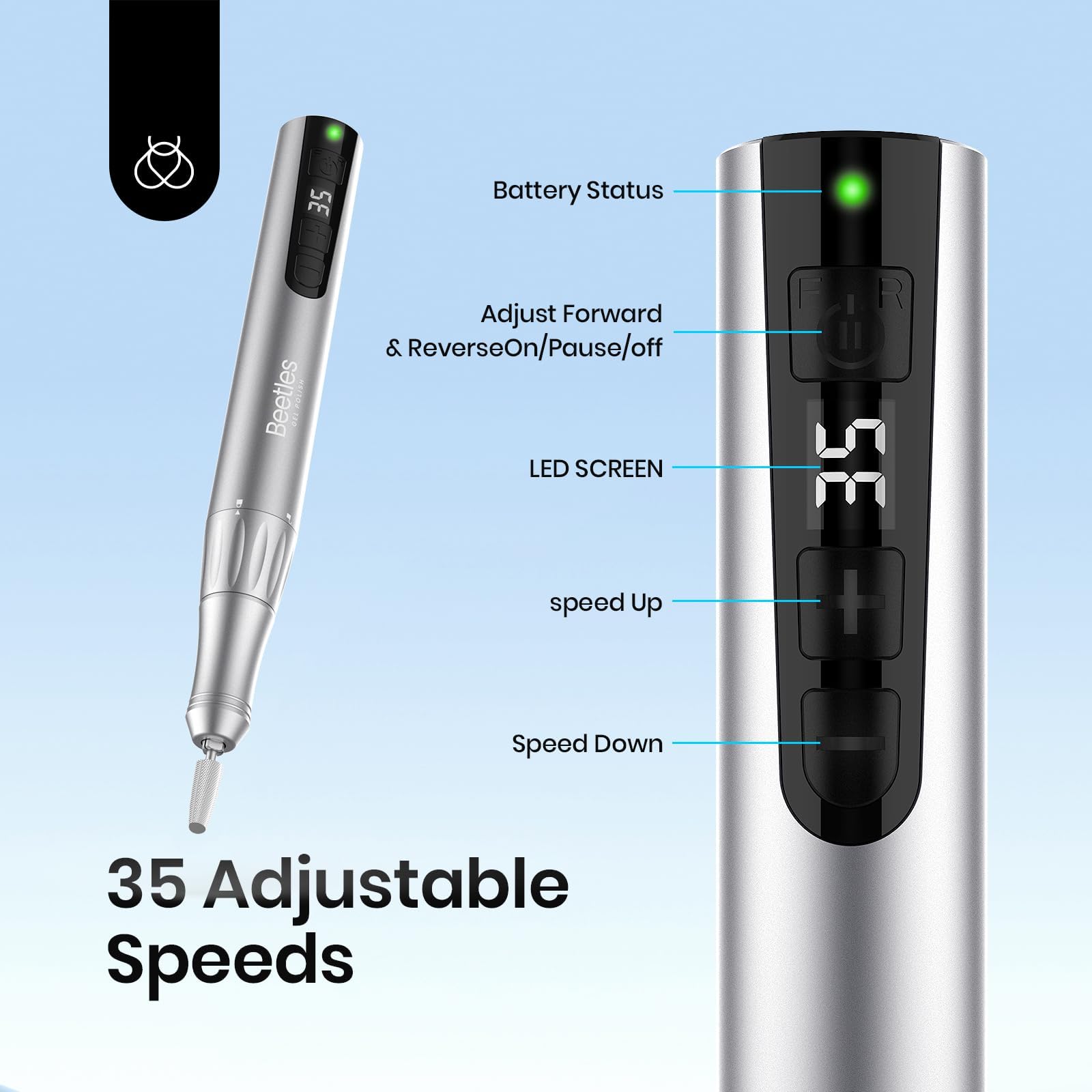 Beetles Electric Cordless Nail Drill – 35 Speeds, Portable Efile Kit for Acrylic, Gel, and Dip Nails