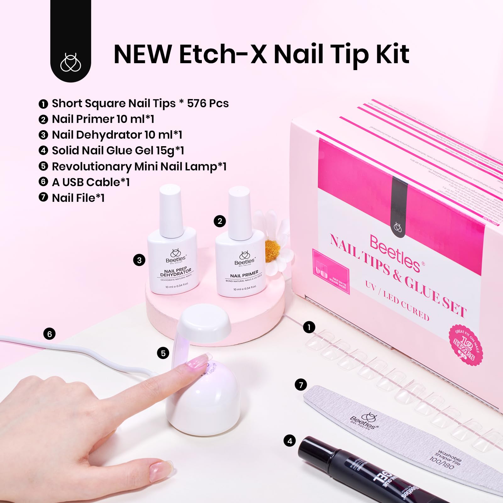 Beetles Gel Nail Kit Short Square — 576Pcs Tips + Mini UV Lamp for DIY Extensions